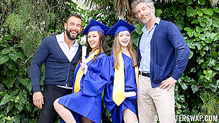 Naughty Stepdads Bang Their Tight Virgin Stepdaughters in a Taboo Graduation Night Threesome