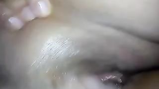 Playing with soaked loose twat of my perverted wifie showing it closeup