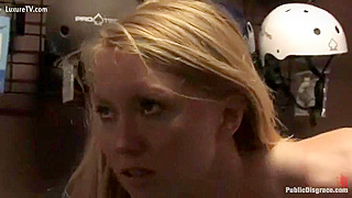 Exhibitionist golden-haired wife getting drilled in crowded store