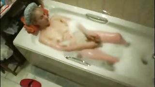 Hungry wife satisfies her fuck desire masturbating in the bath! wife home alone masturbating