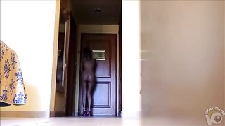 Naked ebony slutty wife in hotel room takes room service delivery