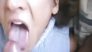 Cute blonde with a great ass blows a big dick and gets cum in her mouth