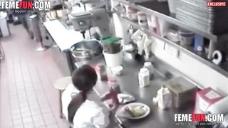 Pervert waitress puts hot dog in her wet cunt before serving it