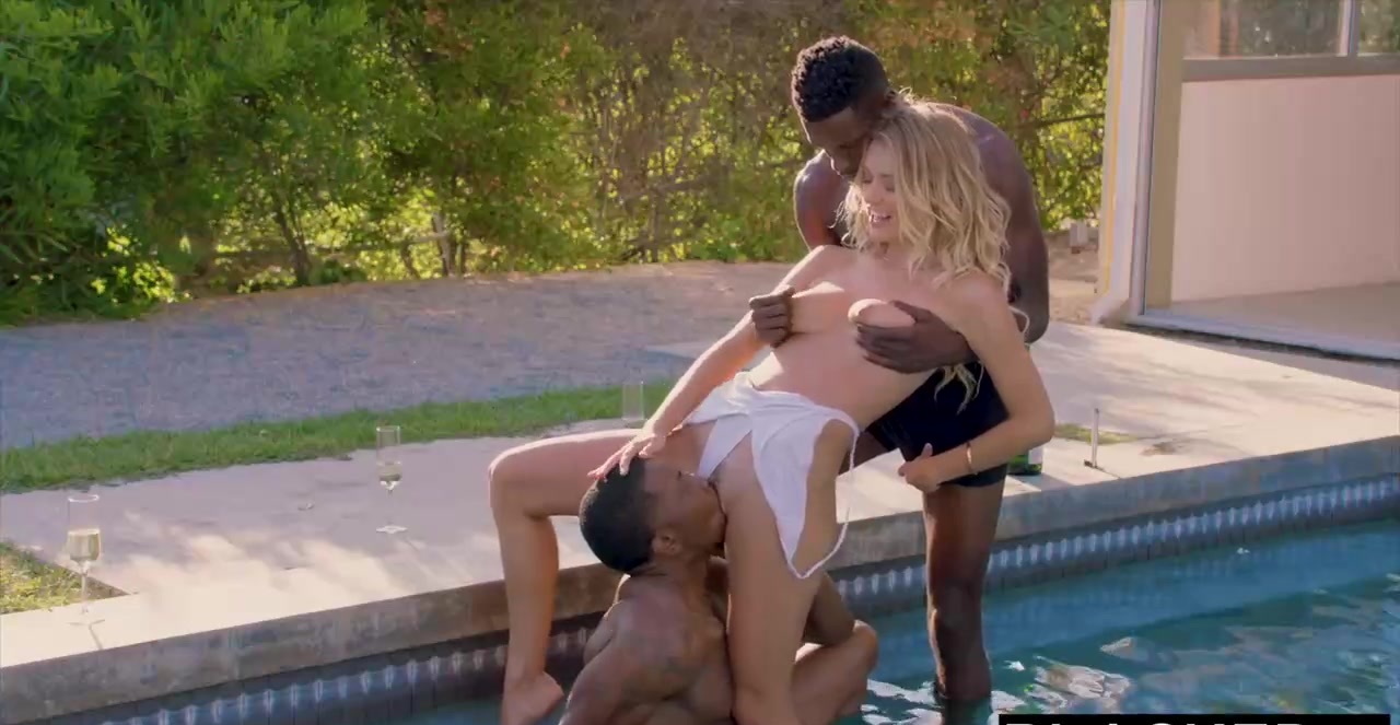 Wife VS Two Negro Adorable blonde bitch, Natalia Starr is eagerly sucking two black cocks, next to the pool pic