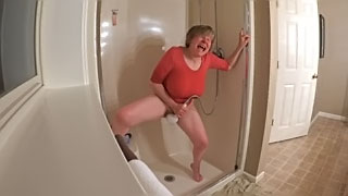 Hidden cam caught - 49 yo wife masturbating in the shower in wet red t-shirt