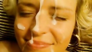 Sexy golden-haired girlfriend acquires a face full of sexy white sticky cum jizz