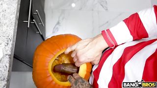 Sexy naked girl surprised by Bruno's cock in the pumpkin on halloween