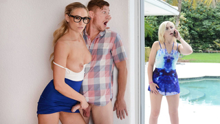 Blonde real estate agent with glasses fucks her client while his wife is inches away