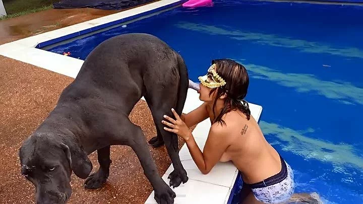 Masked Beastiality MILF Likes Suck Dog Dick Near The Pool XXX FemeFun