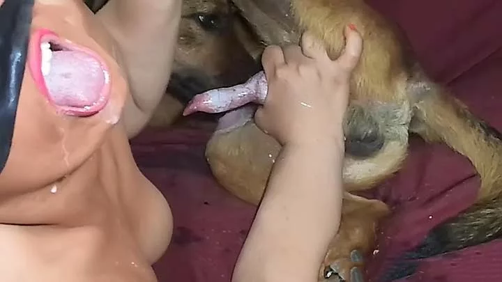 Young cute girl gets a mouthful of cum after sucking dog coc