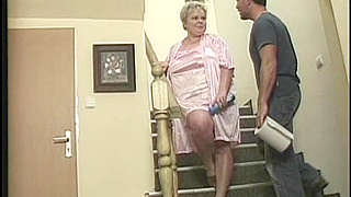 Granny Gets Her Staircase Pussy Obliterated By A Big-Titted Wildcat