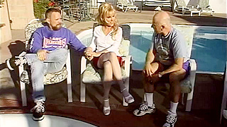 Blonde's pretty face covered in cum as her lover enjoys watching her