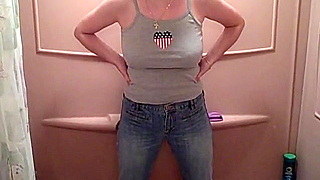 Horny Busty MILF Soaking Her Pants While Pissing and Moaning Loudly