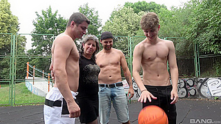 as This Horny Amateur Granny Enjoys a Rough Gangbang on the Basketball Court