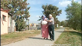 Old Man and His Wife Dominate and Fuck a Cute Blonde Teen in the Woods