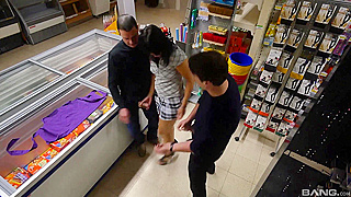 Nasty Mariskax Gets Her Wet Cunt Fucked Roughly by Two Guys in a Store
