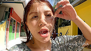 Pervert Watches Marina Gold's Filthy Cum Walk and Messy Facial Delight