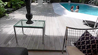 Lesbian stepsisters passionately lick each other's wet pussies in the backyard