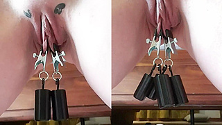 Nasty Whore's Labia Stretching And Pissing Training Session Caught On Camera