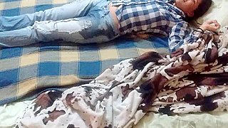 Latina lies down and enjoys pee in her jeans