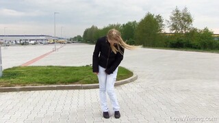 Busty Babe Pees Herself In Public Car Park, Jeans Soaked And Dripping