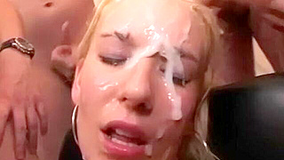 Busty Babe Gets Caught In A Wild Bukkake Orgy With Messy Facials