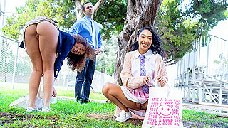 Naughty Schoolgirls Sucking Cock & Getting Fingered After Earth Day Cleanup – Hot Threesome Action