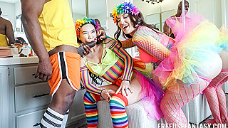 Hot Threesome Fucking In Colorful Pride Outfits As They Prep For The Party