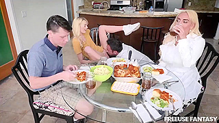 Mom And Stepsisters Can't Resist Praising His Huge Cock At Dinner