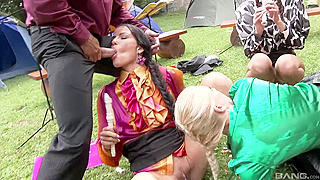 Kitty Jane and her hot friends like to suck a big cock outdoors
