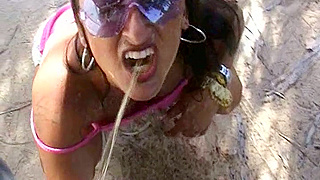 Brunette Drinking Urine In A Reality Shoot Outdoor