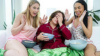 Mom and Stepsister Teach Horny Virgin Stepbro Creampie Lessons on Movie Night