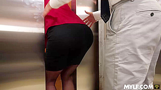 Stuck in the Elevator with a Horny MILF Boss Getting Spit-Roasted by Hung Interns