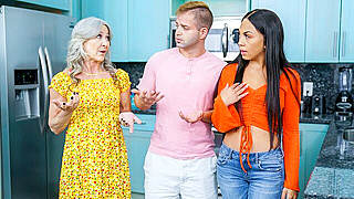 Threesome Unleashed After Grandma Dominates His Gf With A Strap-On